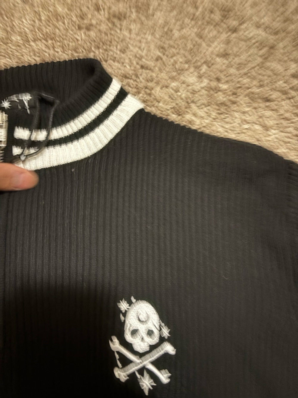 Killstar Black Cropped Zip-Neck Sweater with White Stripe Accents - Picture 4 of 6